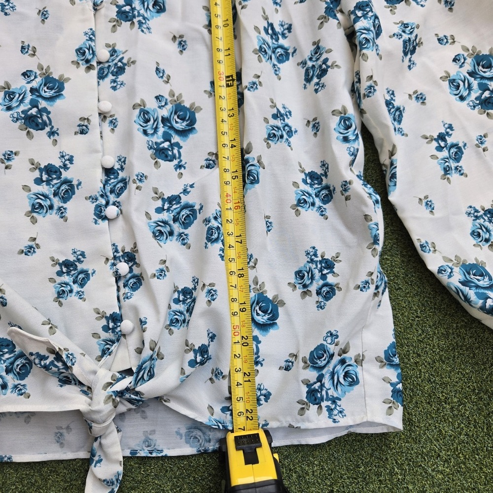 Oleana Top Women's Medium Cream/blue Floral Botton Up Tie Front - Picture 6 of 8